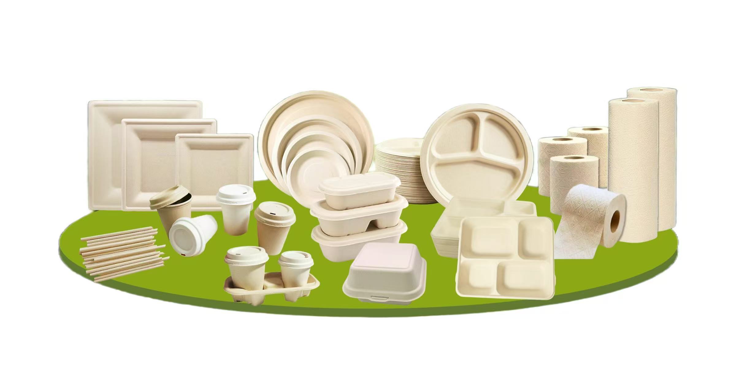 Variety of eco-friendly bamboo tableware and paper towels
