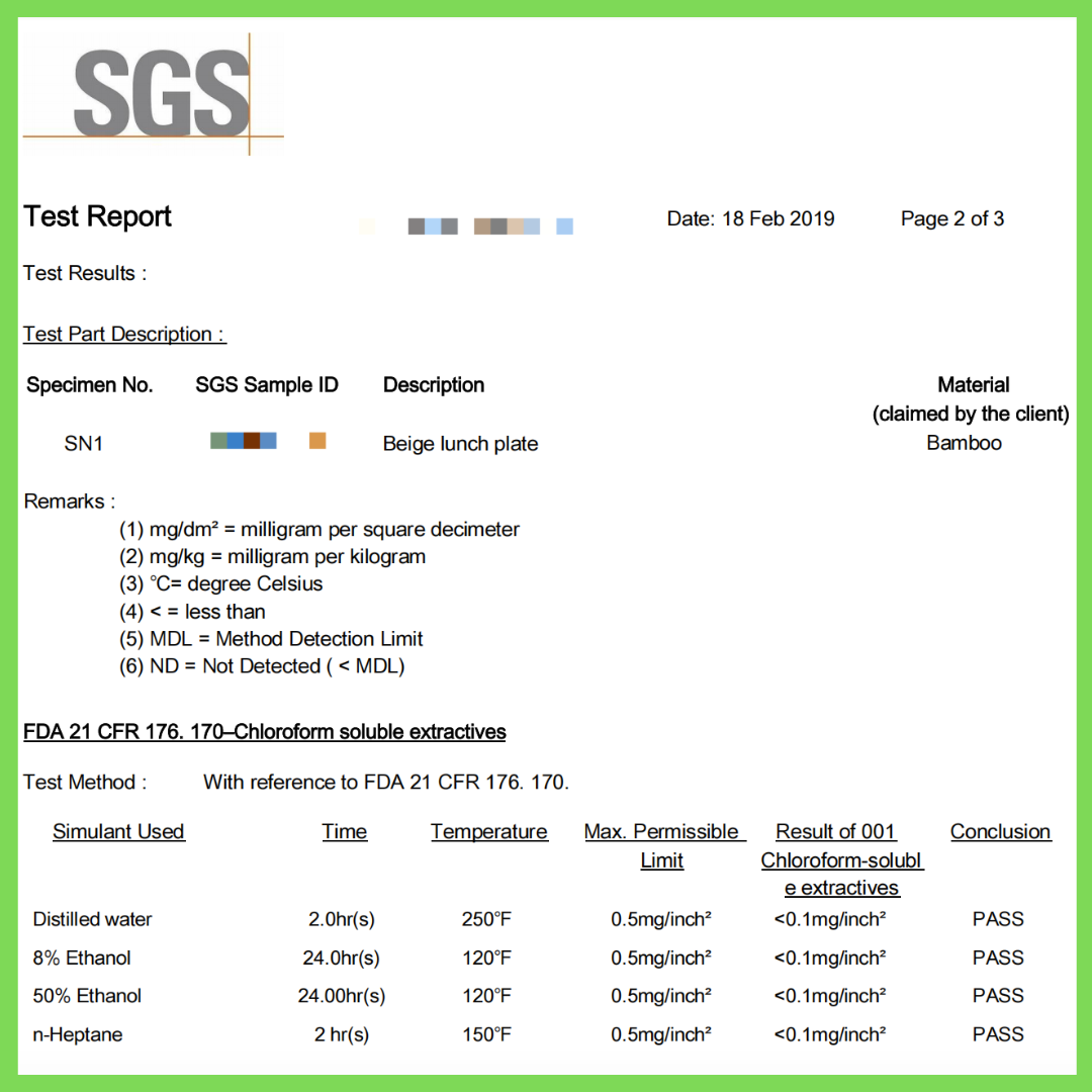 SGS test results for bamboo fiber tableware FDA