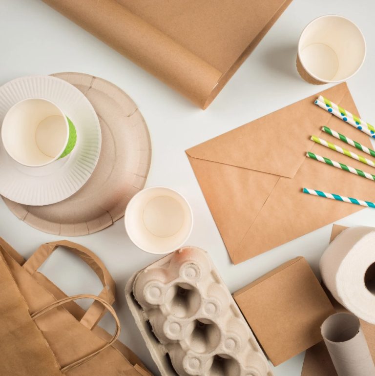 Eco-friendly paper packaging products display, including paper cups, plates, and bags