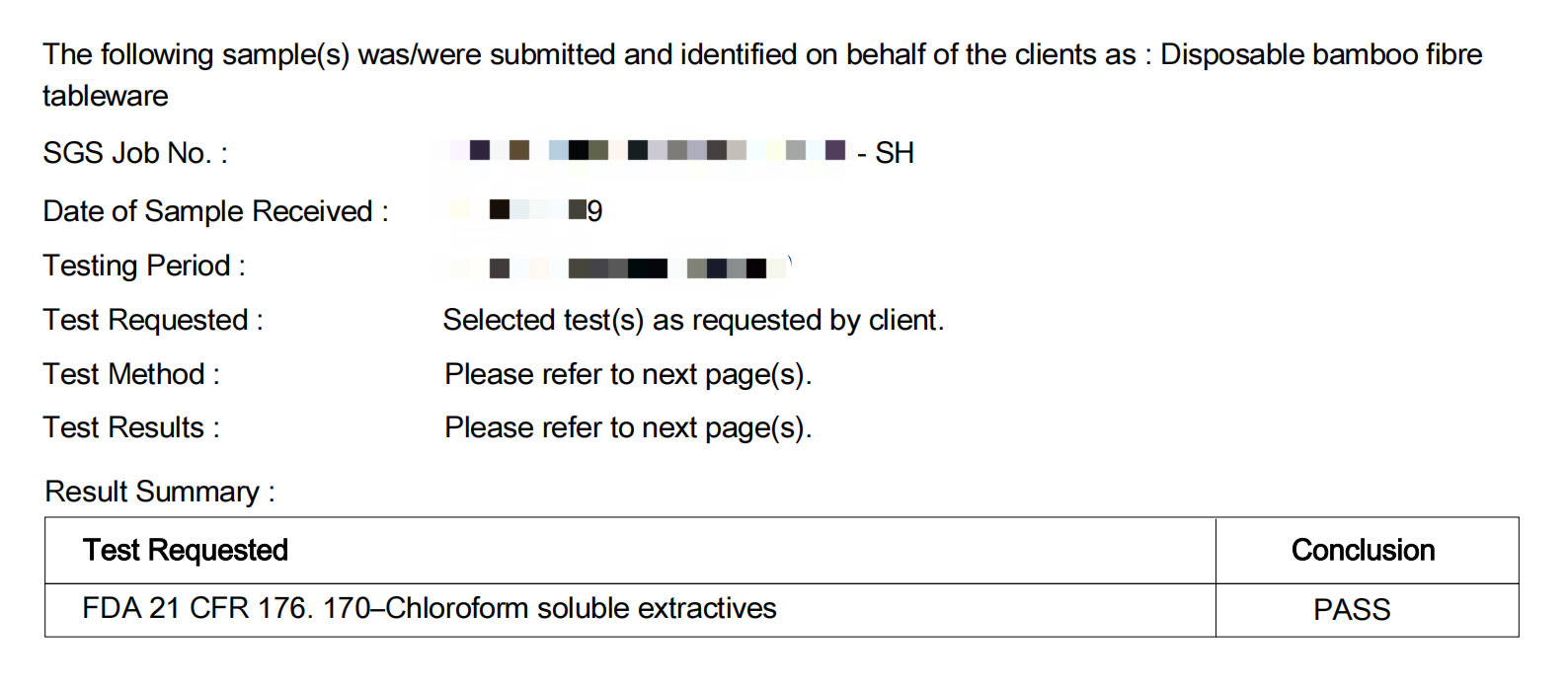 SGS test report for bamboo fiber tableware FDA