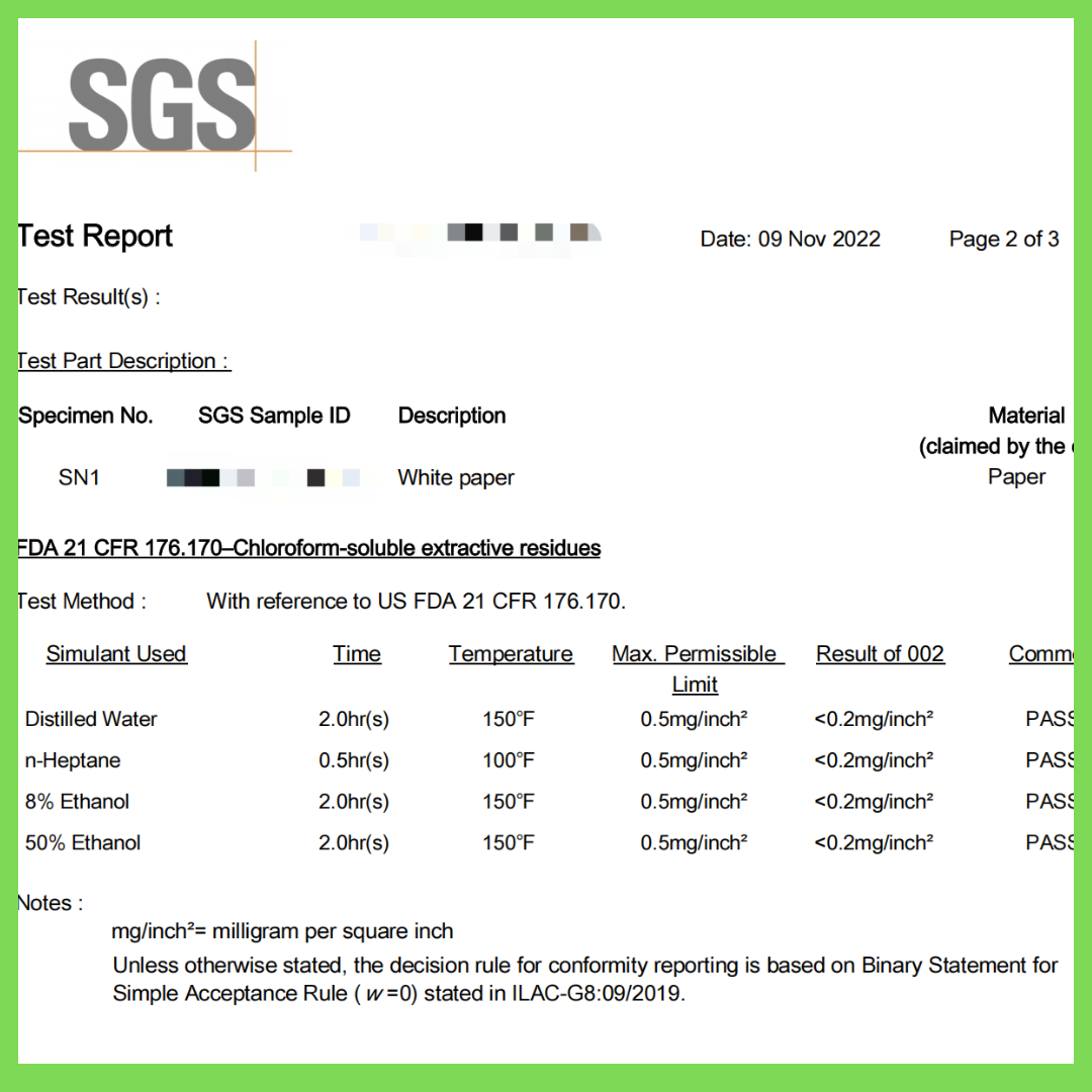 SGS test results for bamboo fiber tableware FDA