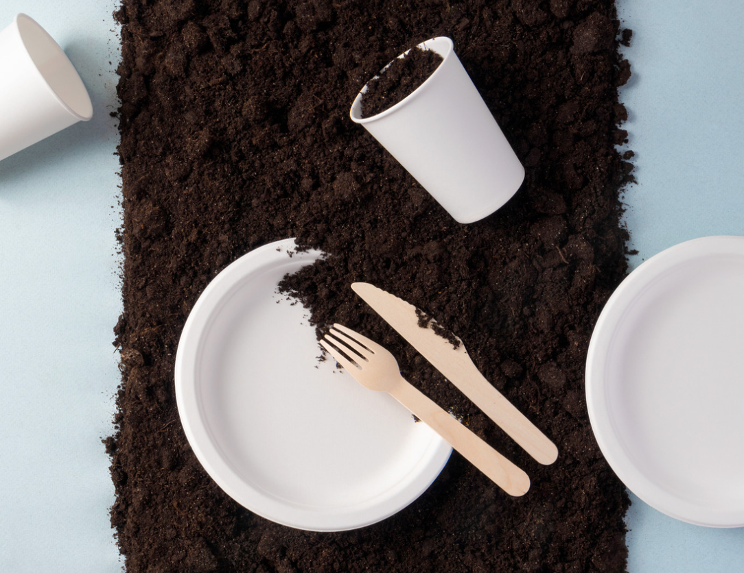 Eco-Friendly Compostable Plates and Cutlery on Soil