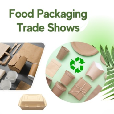 Diagram depicting sustainable food packaging options and recycling for trade show promotion.