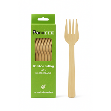 Eco-friendly biodegradable bamboo fork with packaging, 100% naturally degradable.