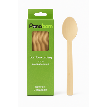 Eco-friendly biodegradable bamboo spoon with packaging, 100% naturally degradable.