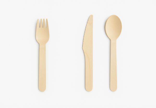 Bamboo cutlery set with fork, knife, and spoon on white background