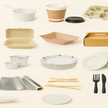 Various eco-friendly disposable food packaging items including bamboo cutlery, paper trays, aluminum containers, and biodegradable plates.
