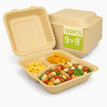 9x9 inch biodegradable bamboo fiber clamshell food containers with three compartments, pack of 100