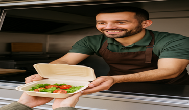Fast food employee handing over a salad in a 6 inch bamboo fiber takeout container through a drive-thru window