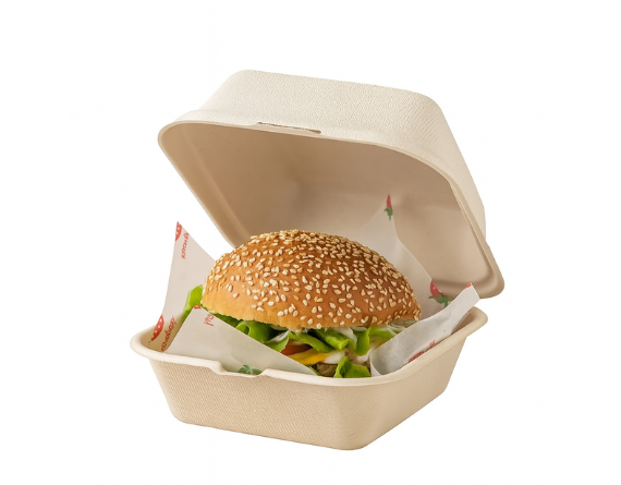 Eco-friendly 6 inch compostable clamshell container with burger inside for sustainable food packaging