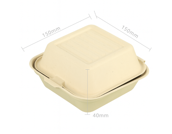 6 inch compostable clamshell container with dimensions 150mm x 150mm x 40mm