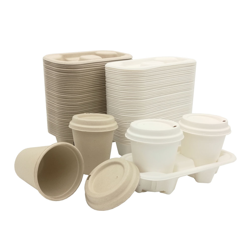 Bamboo Fiber Coffee Cups with Lids and Compostable Trays – Sustainable Takeaway Packaging