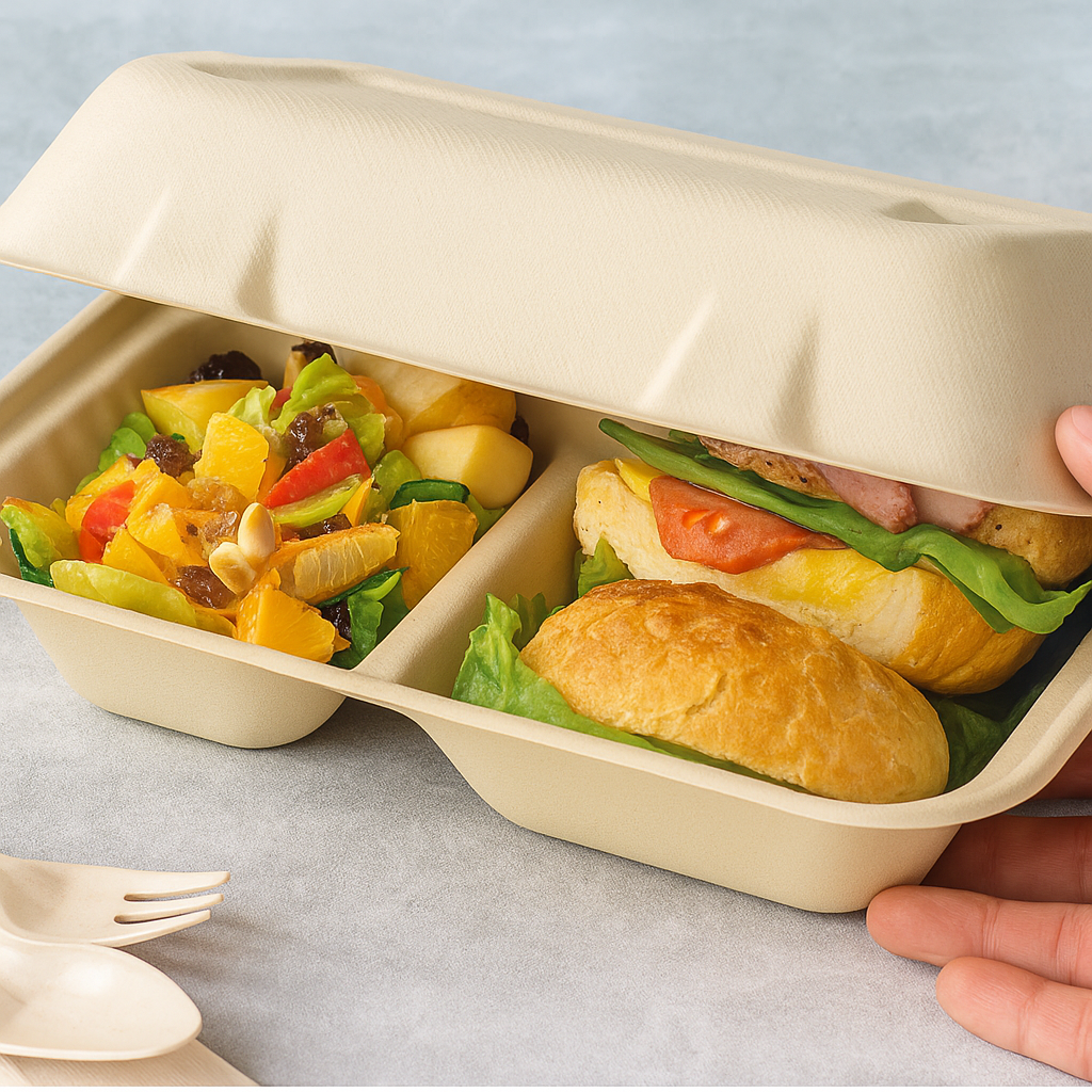 Close-up of a biodegradable bamboo fiber clamshell food container with salad and sandwich