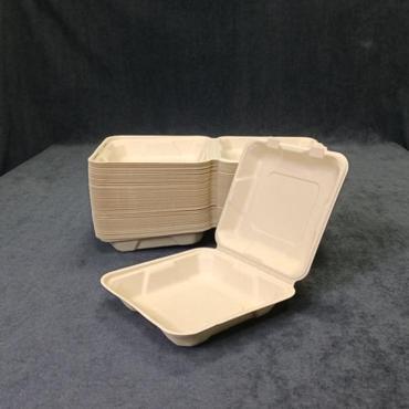 Bulk stack of 8-inch compostable clamshell food containers