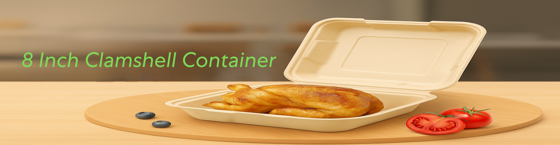 Compostable 8-inch clamshell hinged food container for takeout meals with roasted chicken