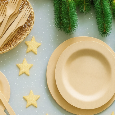 Eco-friendly disposable bamboo cutlery and plates set with festive decorations
