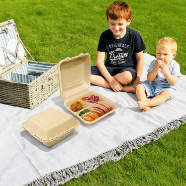 Children enjoying a picnic with a biodegradable bamboo fiber clamshell food container on a blanket