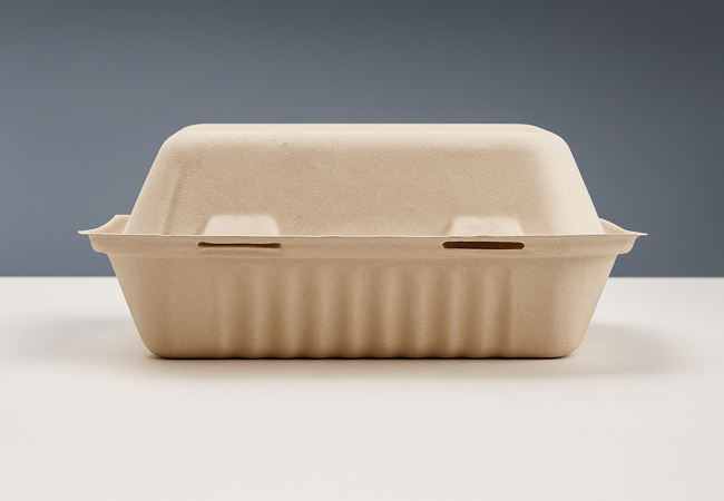 Closed compostable 8-inch clamshell hinged food container made from eco-friendly material
