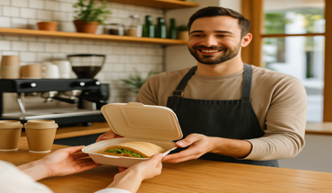 Eco-friendly café employee handing over a sandwich in a 6 inch bamboo fiber takeout container to a customer