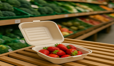 6 inch bamboo fiber clamshell container holding fresh strawberries in an organic grocery store
