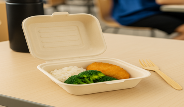 6 inch bamboo fiber takeout container with rice, broccoli, and a croquette, ideal for campus dining services