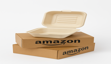 Biodegradable bamboo fiber takeout container placed on top of Amazon packaging boxes, ideal for bulk purchase by sellers