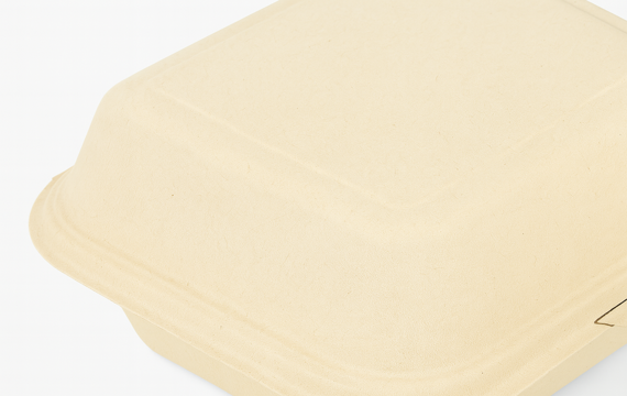 Close-up of compostable biodegradable clamshell food container made from natural fiber