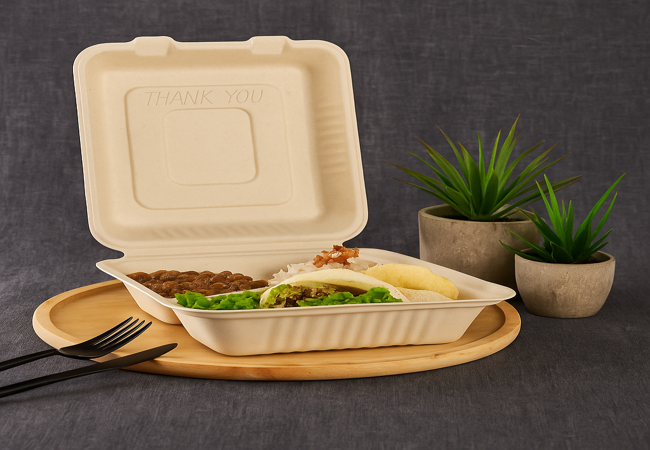 Compostable 8-inch clamshell hinged food container with assorted meal on wooden tray