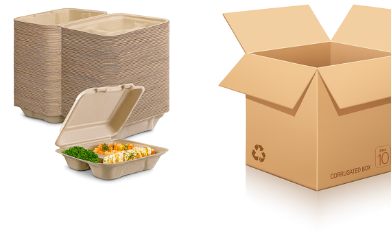 Compostable clamshell food containers stacked beside a recyclable corrugated cardboard box