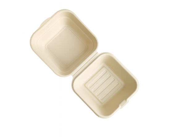 Open 6 inch compostable clamshell food container made from biodegradable material