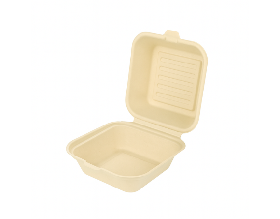 Open 6 inch biodegradable clamshell container made from compostable eco-friendly material