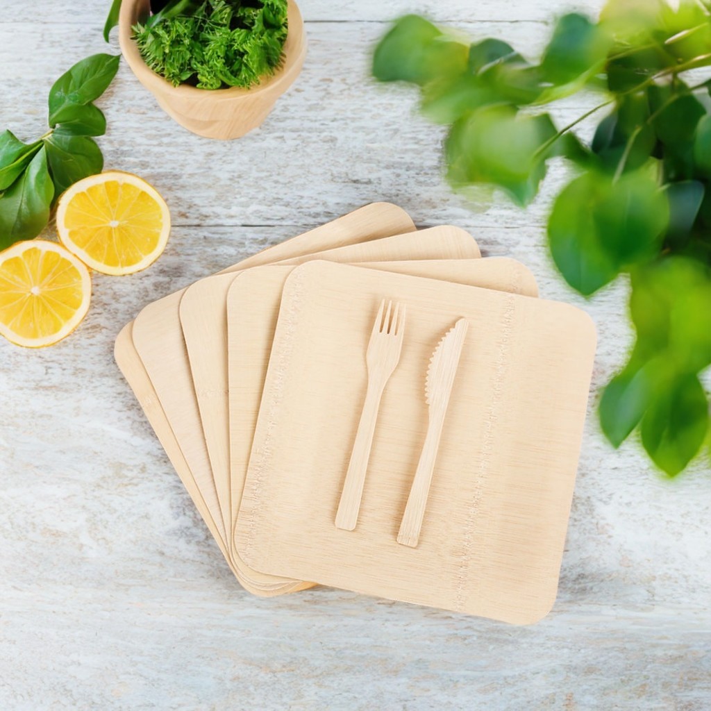 Square Bamboo Disposable Cutlery and Plates – Eco-Friendly Tableware for Sustainable Dining