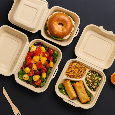 Assorted biodegradable bamboo fiber clamshell food containers filled with bagel sandwich, salad, noodles, and spring rolls