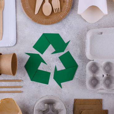 A variety of eco-friendly disposable tableware, including bamboo cutlery, paper cups, and recyclable packaging, with a green recycling symbol in the center.