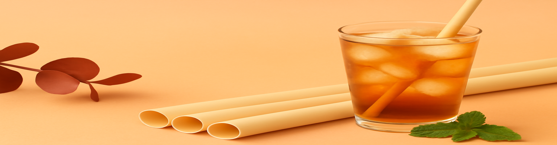 A refreshing iced tea in a glass with a bamboo fiber straw, showcasing an eco-friendly alternative to plastic straws.
