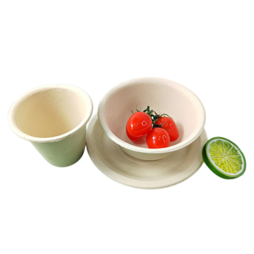 Bamboo disposable cup, bowl, and plate with fruits, eco-friendly tableware
