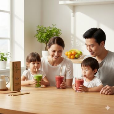 Eco-friendly bamboo fiber straws used by a family for healthy beverages
