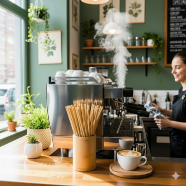 Eco-friendly bamboo fiber straws in a modern café for sustainable coffee service