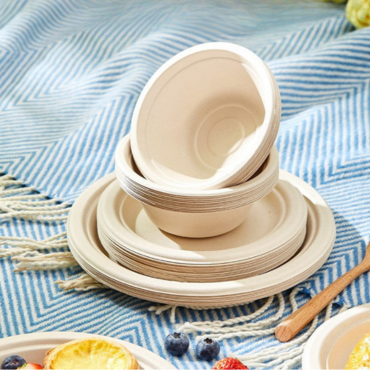 Bamboo disposable plates and bowls stacked for picnic or catering
