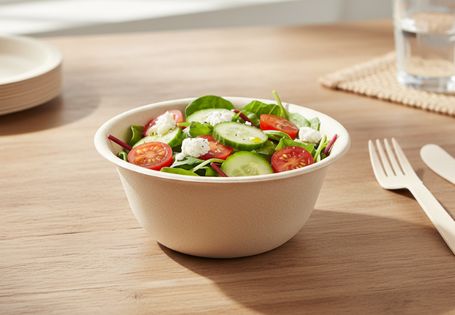 Bamboo fiber disposable bowl with fresh salad