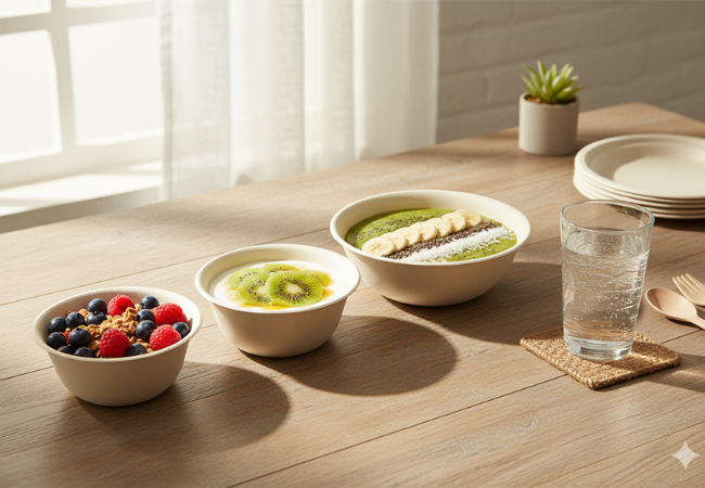 Bamboo fiber bowls filled with fruits and smoothies on dining table