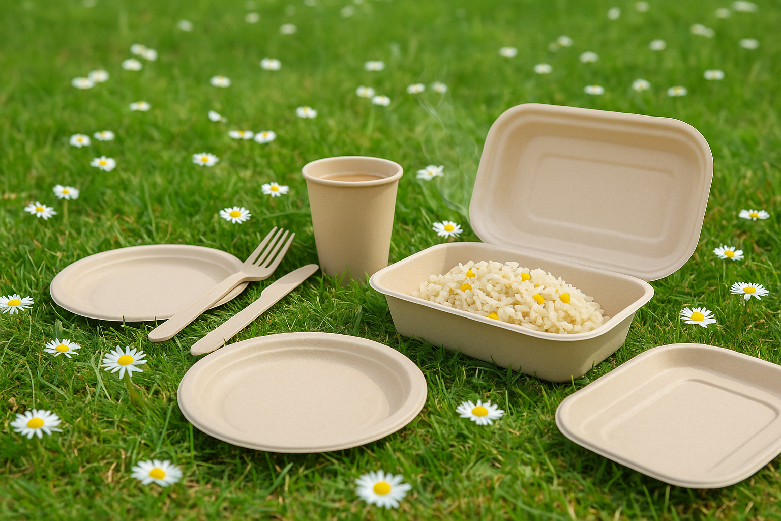 Eco-friendly bamboo tableware picnic set on grass