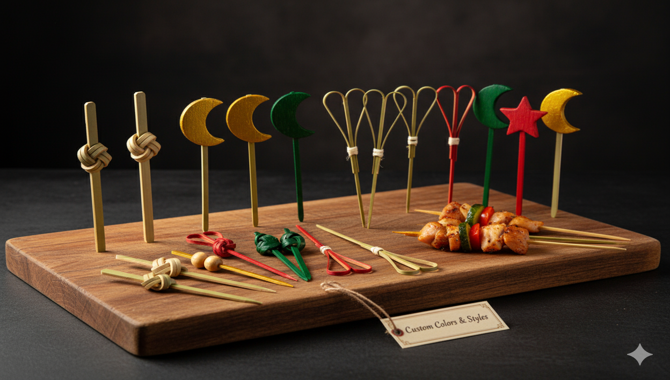 A variety of decorative bamboo skewers in different shapes, colors, and styles including knot, loop, star, and moon on a wooden serving board.
