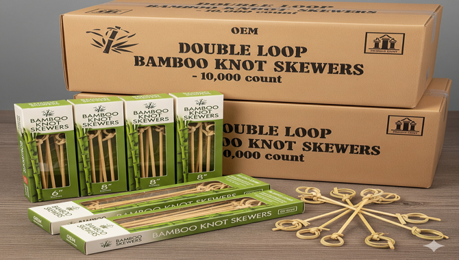 Custom OEM packaging for double loop bamboo knot skewers, including retail color boxes, kraft boxes, and bulk cartons.