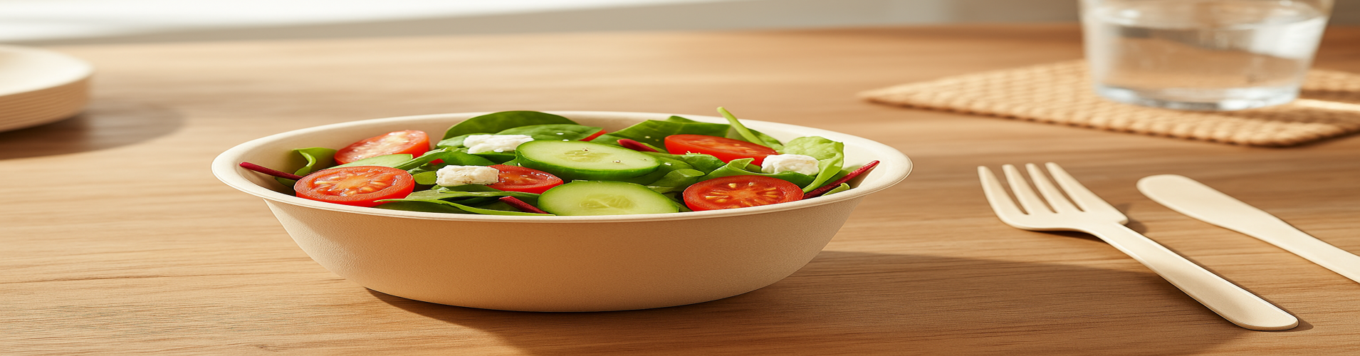 Eco-friendly disposable bamboo fiber bowl with fresh salad, tomatoes, cucumbers, and feta on wooden table