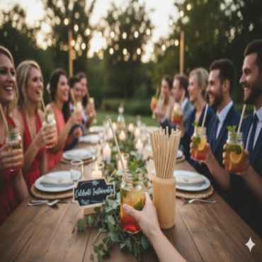 Sustainable bamboo fiber straws used at an outdoor celebration with friends, eco-friendly drinking solution