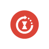Red icon with a timer and bubbles symbolizing quick and hygienic use