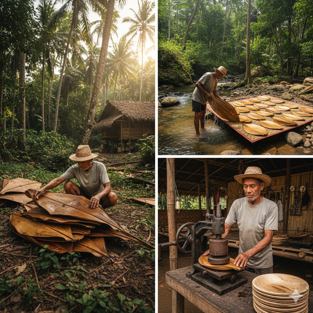 Harvesting Fallen Palm Leaves for Natural Tableware Production