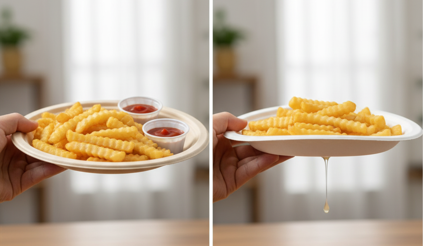 Leak-Proof Performance Bamboo Pulp Plate vs. Traditional Paper Plate with Fries