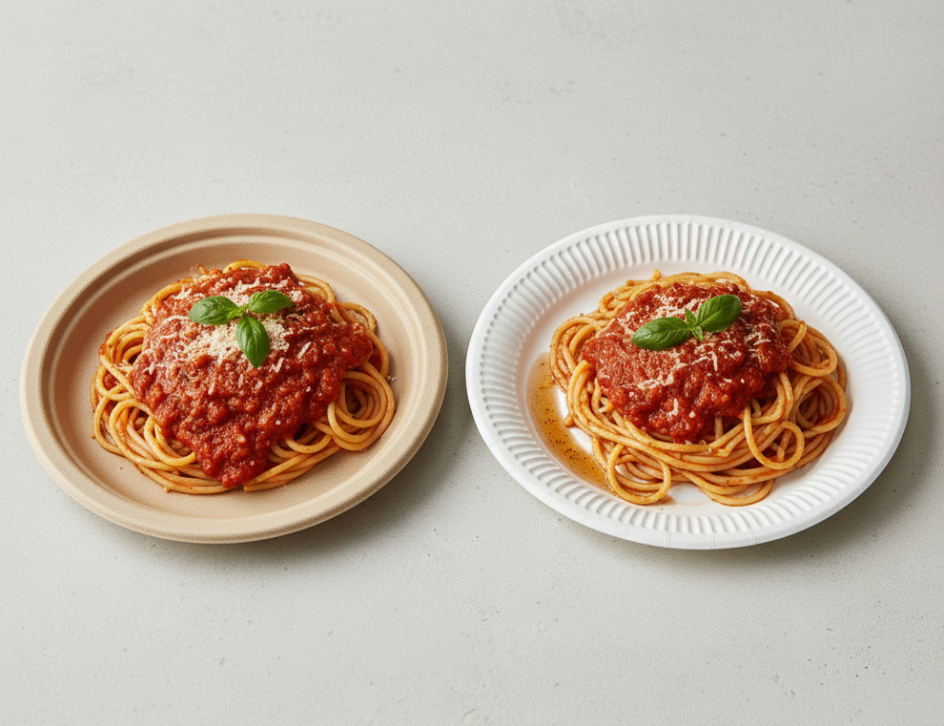 Leak Resistance Test Bamboo Pulp Plate vs. Traditional Paper Plate with Spaghetti